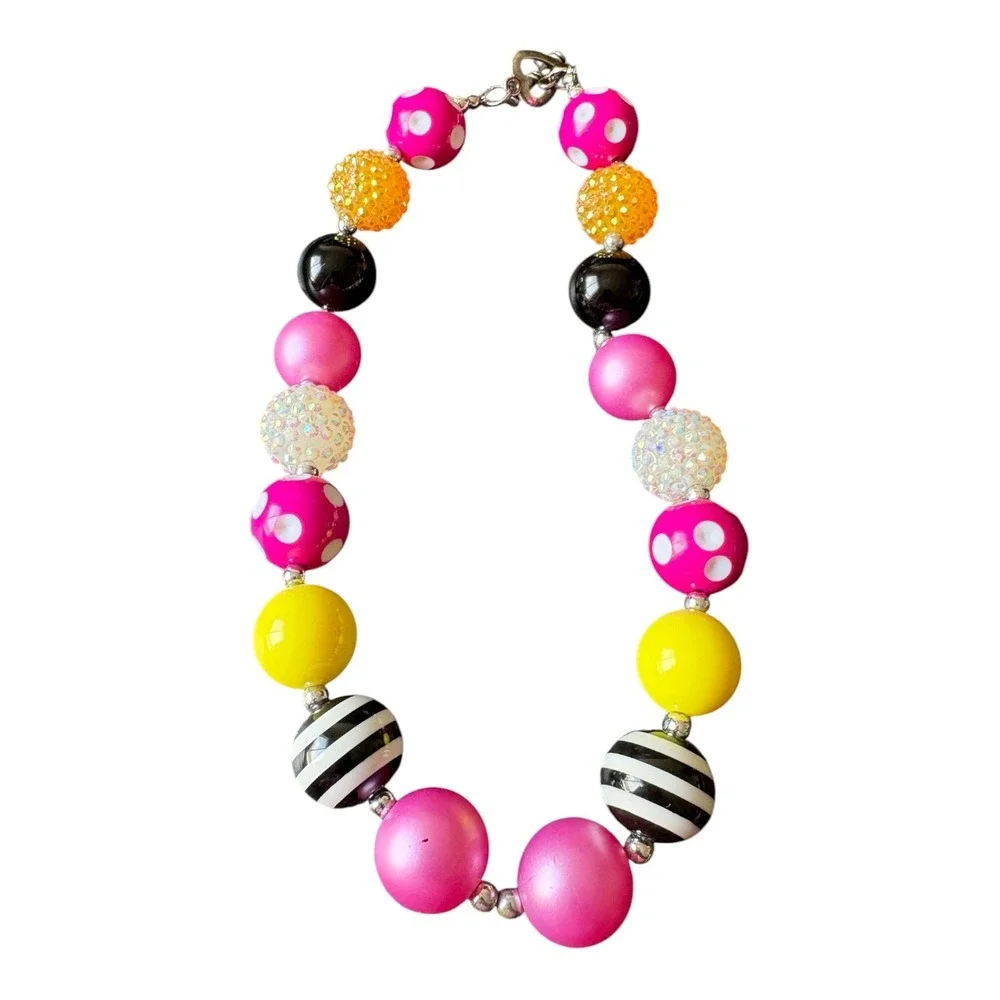 Girls Bubblegum Bead Necklace Pink Yellow Black Polka Dot Striped Boutique 17